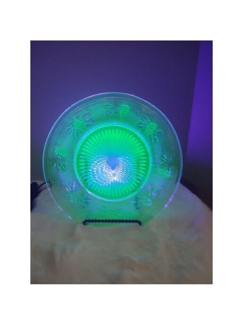 Westmoreland Green Vaseline Glass Grape & Leaf Woolworth Plate circa 1930-Glows!